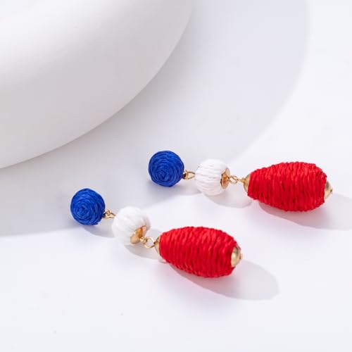 Boho Raffia Earrings Statement Dangle Earrings Cute Teardrop Ball Earrings Colorful Summer Jewelry Handmade Rattan Earrings for Women - color: Red/White/Blue