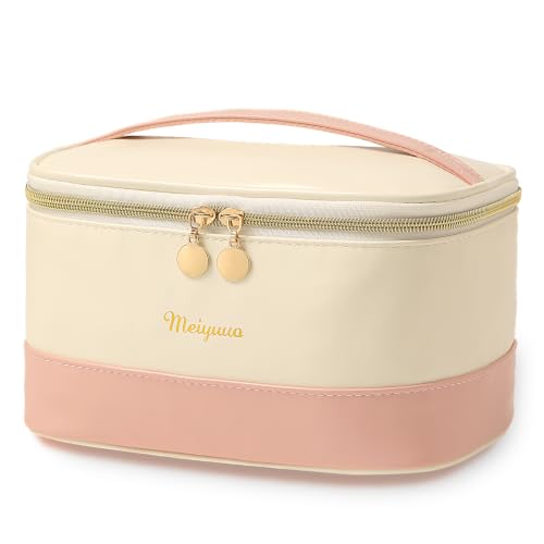 Meiyuuo Makeup Bag Large Cosmetic Bags for Women Girls Two-tone Cute Travel Zipper Pouch Toiletry Organizer for Beauty Essentials Waterproof (Dual Pink) - color: Dual Pink