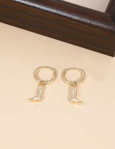 Mameloly Cowgirl Earrings for Women CZ 14K Gold Plated Western Cowboy Hat Dangle Hoop Earrings Cute Jewelry Hypoallergenic - color: Boot