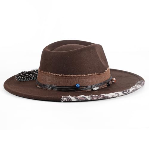 Womens Boho Fedora Hat Wide Brim Fedora Mens Handmade Flat Brim Hats - color: Brown