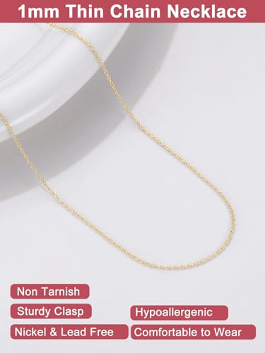 FOCALOOK Womens Chain Necklaces 1mm/1.4mm/2mm Cable Chain Necklace, 316L Stainless Steel Silver/Black/14K Gold/Rose Gold Plated, Hypoallergenic Chains for Pendant,14-30" - color: 1mm 14K Gold Plated, size: 14 Inch