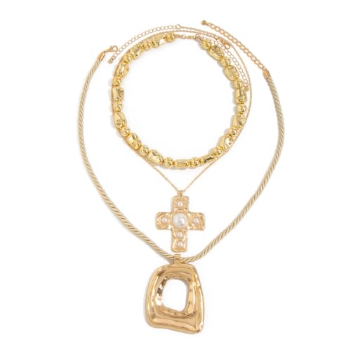 Chunky Necklace Stack Big Statement Necklace for Women Layered Large Oval Circle Cross Necklaces Stackable Boho Necklaces for Women Chunky Jewelry - style: A - cross oval