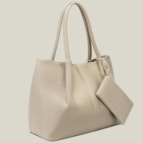 KKXIU Tote Bag for Women Vegan Leather Shoulder Purse Large Capacity Travel Bag - color: Beige