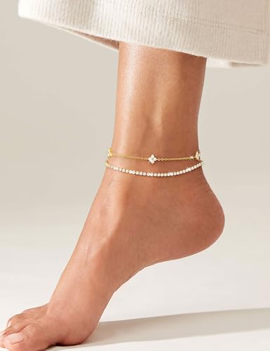 RLMOON Gold Silver Anklets for Women CZ Ankle Bracelet 14K Gold Plated Waterproof Layered Stackable Clover Butterfly Tennis Chain Anklet Trendy Summer Beach Foot Jewelry - color: A-Flower&Tennis Anklet-Gold
