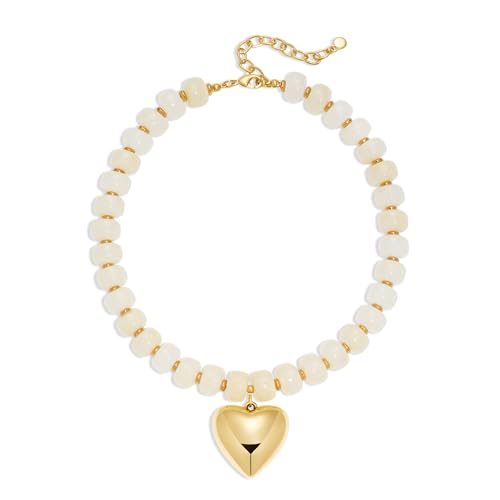 WOWORAMA Chunky Heart Necklaces for Women Colorful Resin Beaded Choker Necklace Gold Puffy Heart Statement Necklace Trendy Acrylic Choker Jewelry - color: Cream-White