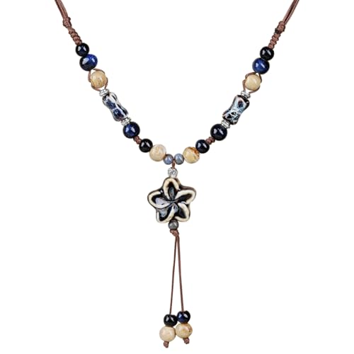 Boho Style Colorful Ceramic Bead Strand Necklace Adjustable Bohemian Jewelry Gift for Women, Fashion Clothing Matching Necklace - color: Brown-Black