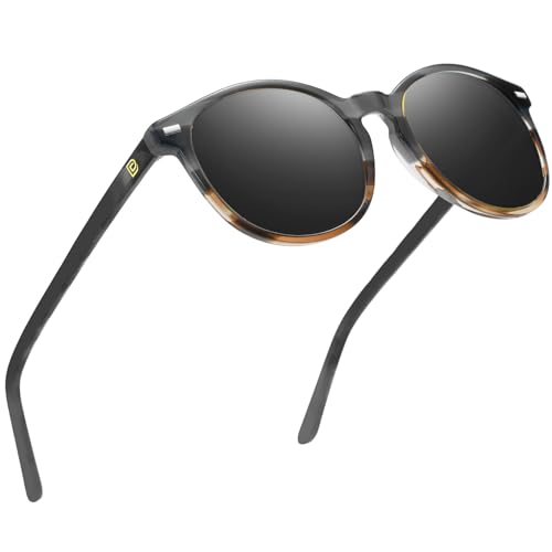 DUCO Women's Trendy Retro Round Acetate Polarized Sunglasses, UV400 99% Glare Block, Lightweight for Daily & Outdoor - color: 6. Black Copper Frame Grey Lens
