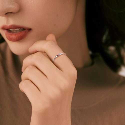 925 Sterling Silver Heart Ring for Women, 1mm Ultra Thin 14K Plated Gold Hypoallergenic Wedding Band with Black/Yellow/Red/Blue/Pink Love, Promise Stack Travel Jewelry Gifts Size 5-10 - color: D-Silver-Red