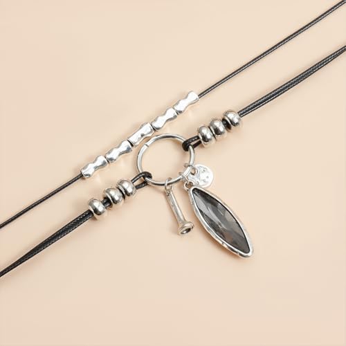 Unique Black Geometric Oval Rhinestone Pearl Pendant Necklace, Vintage Punk Long Leather Rope Choker for Women Trendy Silver Sweater Chain Jewelry Gift - color: Black
