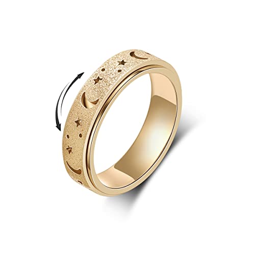Anxiety Ring for Women Spinner Rings:Rotating Rings Stainless Steel 6mm Moon Star Anxiety for Men Band Jewelry Gift for Women Size 6 7 8 9 10 - color: B-Gold