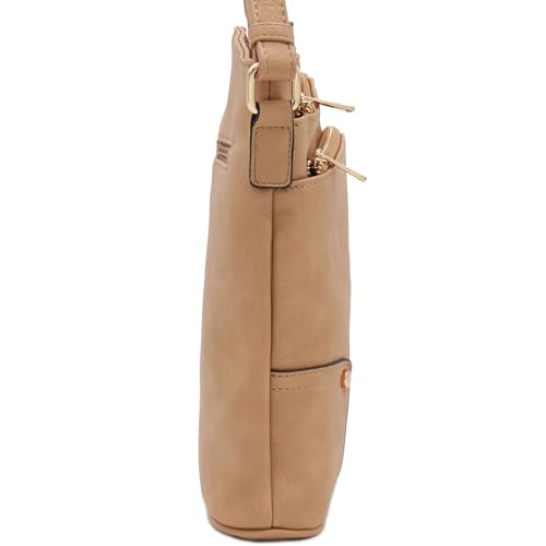 ALYSSA Triple Zip Pocket Large Crossbody Bag - color: Light Tan