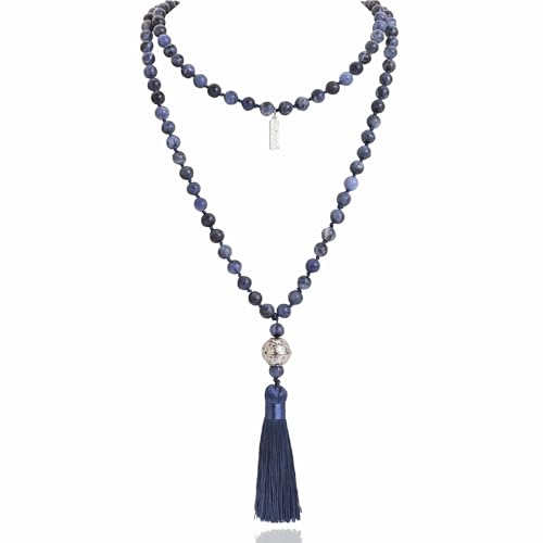 Long Bohemian Hand Knotted Stone Beaded Tassel Necklace for Women Statement Jewelry Gift - color: Blue