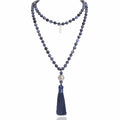 Long Bohemian Hand Knotted Stone Beaded Tassel Necklace for Women Statement Jewelry Gift - color: Blue