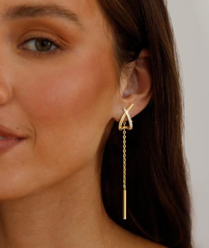 14K Gold Plated Dangle Earrings for Women Chain Dangling Long Earrings Trendy CZ/Twisted X Hoop Studs Dainty Threader Earrings Wedding Hanging Drop Dangly Minimalist Jewelry Gifts for Woman - style: 3