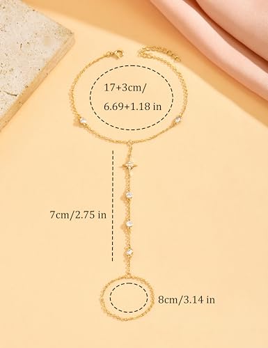 925 Sterling Silver Hand Chain Bracelet for Women,Non Tarnish 14k Gold Plated CZ Crystal Heart Starburst Ring Bracelets Hand Chain Dainty Diamond Layered Stackable Link Chain Beach Waterproof Graduation Wedding Gifts - color: GoldB