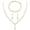 Jewelry Set for Women, Necklace Dangle Earrings Bracelet Set with White AAA Cubic Zirconia, Allergy Free Wedding Party Jewelry for Bridal Bridesmaid - color: Necklace+Braclelet+Earrings-pearl style gold