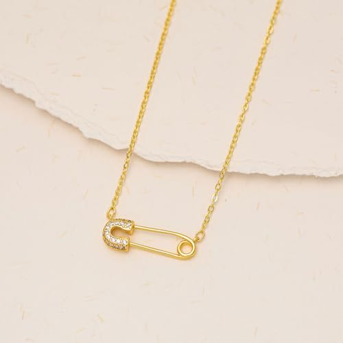 VRIUA Gold Necklace for Women - 14K Gold Plated Dainty Italian Horn Star of David Butterfly Bow Sun Lotus Volleyball Baseball Cowboy Boots Necklace Jewelry Everyday for Women - style: Safety Pin