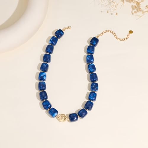 Colorful Chunky Necklaces for Women Multicolored Large Square Acrylic Beads Necklace Trendy Bold Statement Beaded Necklace Summer Vacation Choker Jewelry - color: Royal Blue