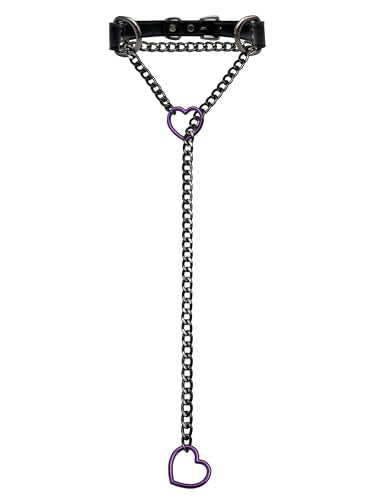 Black Leather Choker Collar For Women, Handmade Heart Slip Chain Choker Long Necklace with Adjustable Buckle - color: B-Black-Black-Purple, size: 24''chain