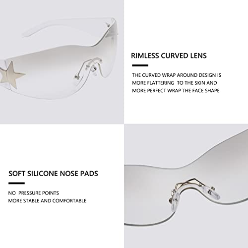 Rimless Y2K Sunglasses for Women Men Wrap Around Fashion Sunglasses Oversized Frameless Trendy Sun Glasses - color: Clear Frame / Gradient Grey Clear Lens
