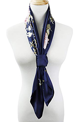 vabovin Satin Head Scarf for Women Silk Like Hair Scarf, 35 x 35 in | Silk Feel Fabric, Hair Wrap for Sleeping, Headscarf and Neck Scarf, Square Bandana Style, Fashion Accessory - color: 020 Navy Blue Peony