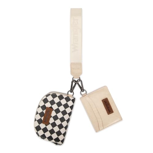 Wrangler KeyChain Wallet Checkered Wristlet Wallets for Women Western Dual Pouch Wristlet Credit Card Holder Wallet - color: Checkered Tan