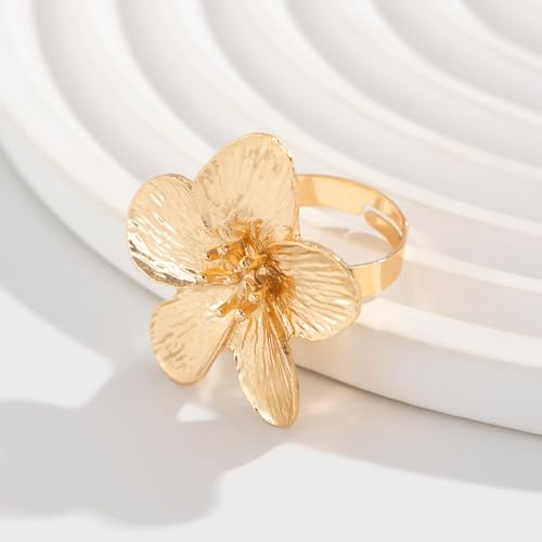 Dainty Large Flower Adjustable Ring for Women Gold Plated Elegant Floral Statement Stacking Finge Band Rings Wedding Party Fashion Jewelry