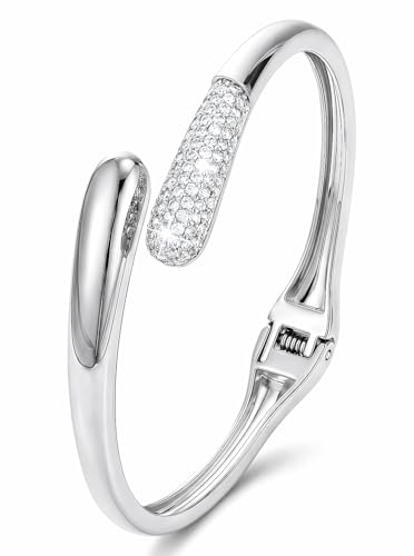 Gold Cuff Bracelets for Women, 14K Gold Plated Open Cuff Bangle Bracelet with CZ Pave, Minimalist Stackable Chunky Gold Bracelet for Women - color: Silver CZ Cuff