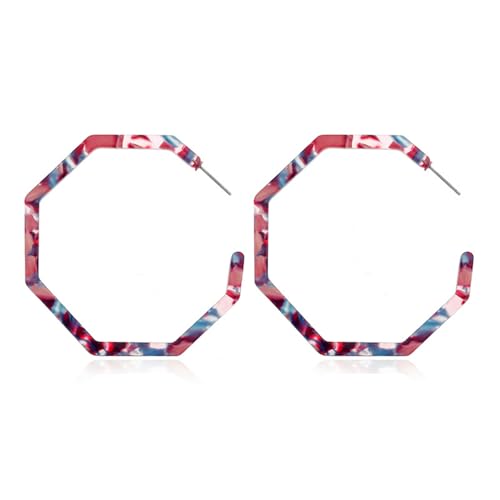 Boho Acrylic Hoop Earrings Bohemian Statement Colorful Acetate Lucite Tortoise Shell Resin Geometric Big Lightweight C Open Hoops Earrings for Women Prom Party Holiday Fashion Jewerly Gifts - color: Large red
