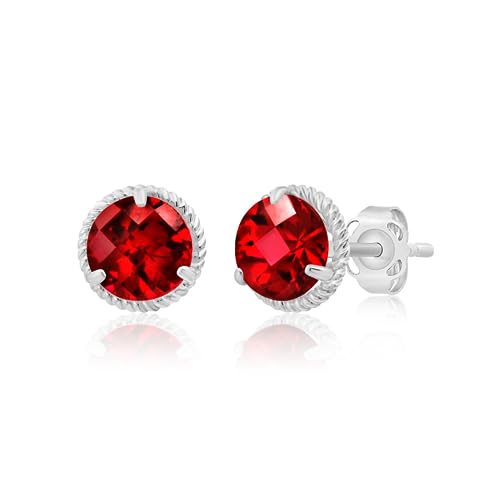14k White or Yellow Gold Roped Halo Gemstone Round Stud Earrings for Women 6mm Birthstone with Push Backs by MAX + STONE - color: Created-Ruby