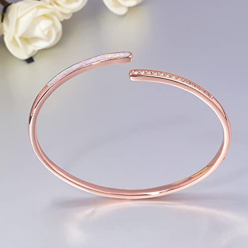 CiNily Womens Cuff Bracelet,Opal Bangle Bracelets Gold Plated Hypoallergenic Ladies Gemstone Open Cuff Bangle Bracelet - color: a.Thin CZ Opal-Rose Gold