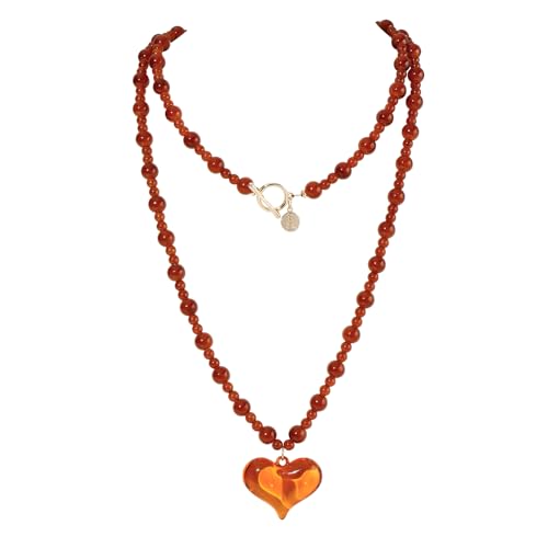Coiris Chunky Heart Necklace for Women Statement Beaded Pendant Boho Christmas Necklace Gifts for Women - color: Amber, size: Long