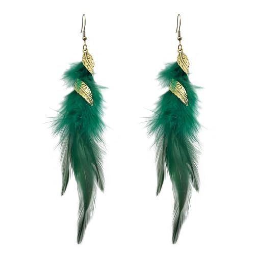 Feather Earrings for Women Bohemian Fringe Tassel Long Drop Dangle Earrings Lightweight Boho Statement earrings - color: green
