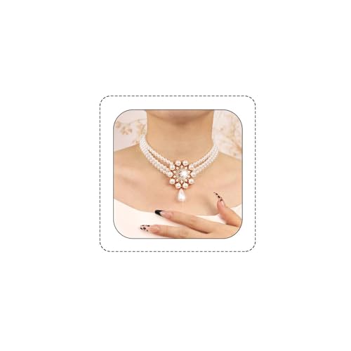Bethynas Boho Layered Pearl Rhinestones Choker Necklace Vintage Chunky Pearl Crystal Pendant Short Necklace Chain Bridal Prom 1920s Costume Party Jewelry for Women - color: Pearl 5