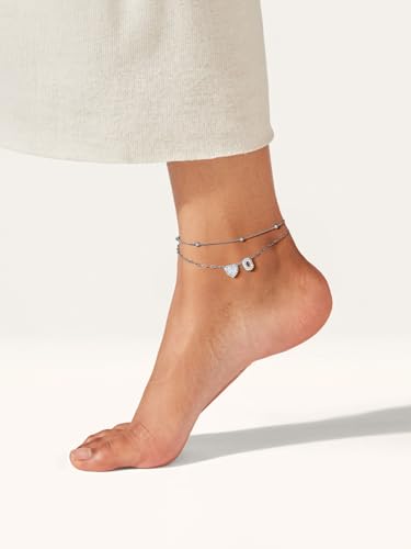 FindChic Silver/14K Gold Plated Layered CZ Initial Ankle Bracelet for Women | Waterproof Stainless Steel, Cubic Zirconia Letter Charm, Non-Tarnish, Hypoallergenic, Adjustable Extender, Summer Jewelry - color: Silver-CZ Heart, size: O