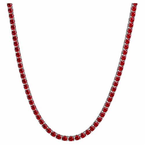 Savlano 18K Gold Plated Cubic Zirconia Round 4.5MM Classic Tennis 18 Inches Chain Necklace For Women & Men Comes With a Gift Box - color: White Gold-Red CZ