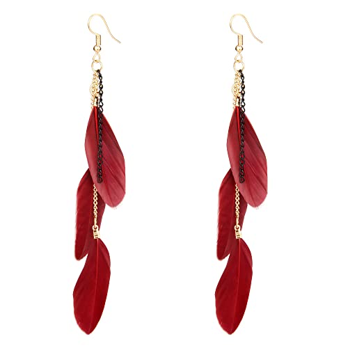 coadipress Boho Piercing Tassel Feather Long Chain Earrings Retro Lightweight Native Feather Dangle Drop Earrings for Women Bohemian Handmade Natural Feathers Earring Jewelry - color: Wine Red