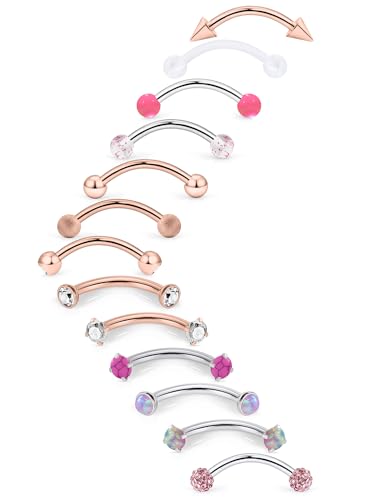 16g 8/10mm Silver/Black/Rose-Gold/Rainbow Eyebrow Piercing Jewelry Rings Curved Barbell Vertical Labret Lip Surgical Steel Small Belly Button Snake Eyes Tongue Rook Earrings for Women Men - color: Rose Gold / Pink, size: 16g*10mm*3mm