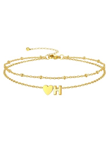 Silvora Ankle Bracelets for Women Waterproof 14K Gold/Silver/Black Initial Anklet for Women Dainty Layered Heart Ankle Bracelets Stainless Steel Adjustable Foot Chain Anklet Summer Beach Jewelry - color: Gold-14K Gold Plated, size: 08.H
