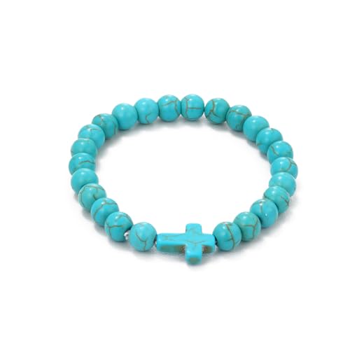 Turquoise Bracelet for Women, 8mm Beaded Stretchable Unisex Bracelet, Boho Turquoise Bead Bracelet Stone Beaded Bracelets Turquoise Jewelry for Women - color: Cross