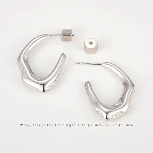RENAIZ Bold Statement Hoop & Stud Earrings for Women – 14K Gold & Rhodium Plated Maximalist Jewelry, Chunky Geometric Boho Earrings, Hypoallergenic Non-Tarnish Trendy Gift - color: White Gold, style: Wavy Irregular