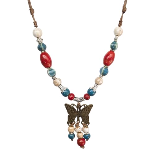 Boho Colorful Ceramic Bead Necklace for Women, Butterfly Pendant Necklace, Handmade Bohemian Statement Jewelry Gifts for Mom - color: Red and Blue