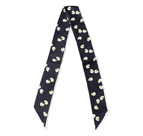 JERLA 100% Mulberry silk Scarf bag scarf Head Hair Ribbon Handbag Handle wrap Tie Bundle Neckerchief Scarf for women - color: Daisy Black