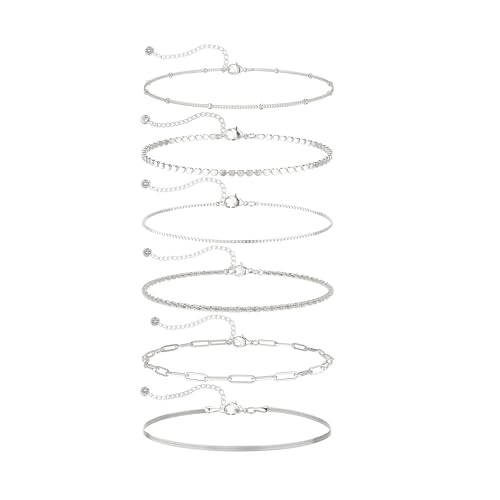 DEARMAY Sterling Silver Plated Bracelets Set for Women Waterproof, Non Tarnish Sterling Silver Link Chain Bracelets Pack Dainty, Fashion Jewelry Gifts for Everyday Comfortable - color: 6Pcs Silver Bracelets C