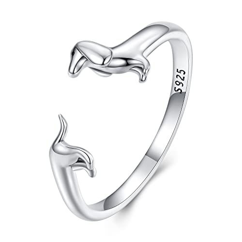 BISAER 925 Sterling Silver Ring Adjustable Cute Unique Cat Snake Butterfly Dragonfly Fashionable Ring For Women Jewelry - color: silvery dachshund