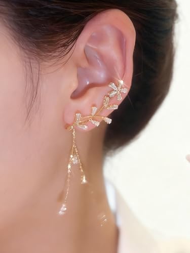 2PCS Ear Cuff Earrings for Women No Piercing Flower Climber Wrap Around Earrings Crawler Rhinestone Wrap Earring Fairy Ear Clip Jewelry Gifts - color: gold