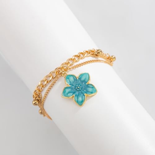 Fashion Layered Flower Charm Anklet for Women Golden Cuban Link Chain Tassel Waterproof Ankle Bracelet Adjustable Beach Vacation Foot Jewelry Summer Accessories - color: Bule floral