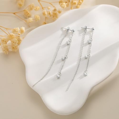 NECOCY Gold Dangle Earrings for Women Non Tarnish 14K Gold Plated Drop Wedding Hypallergenic Earring Dainty Long Hanging Chain CZ Pearl Threader Earrings Trendy Silver Plated Jewelry for Women - style: Silver&Style8