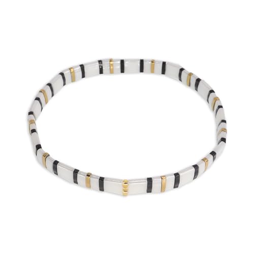 Sonateomber Tila Flat Beaded Stretch Bracelets for Women, Trendy Unique Colorful Square Beads Handmade Stack Bracelet Friendship Accessories Fashion Jewelry Gift - color: Black White Gold