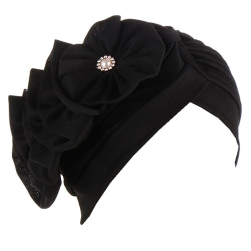 Flower Turban Hats for Women - Ruffle Bead Stretch Solid Caps Chemo Cancer Pre Tied Headscarf Headwear - color: Black